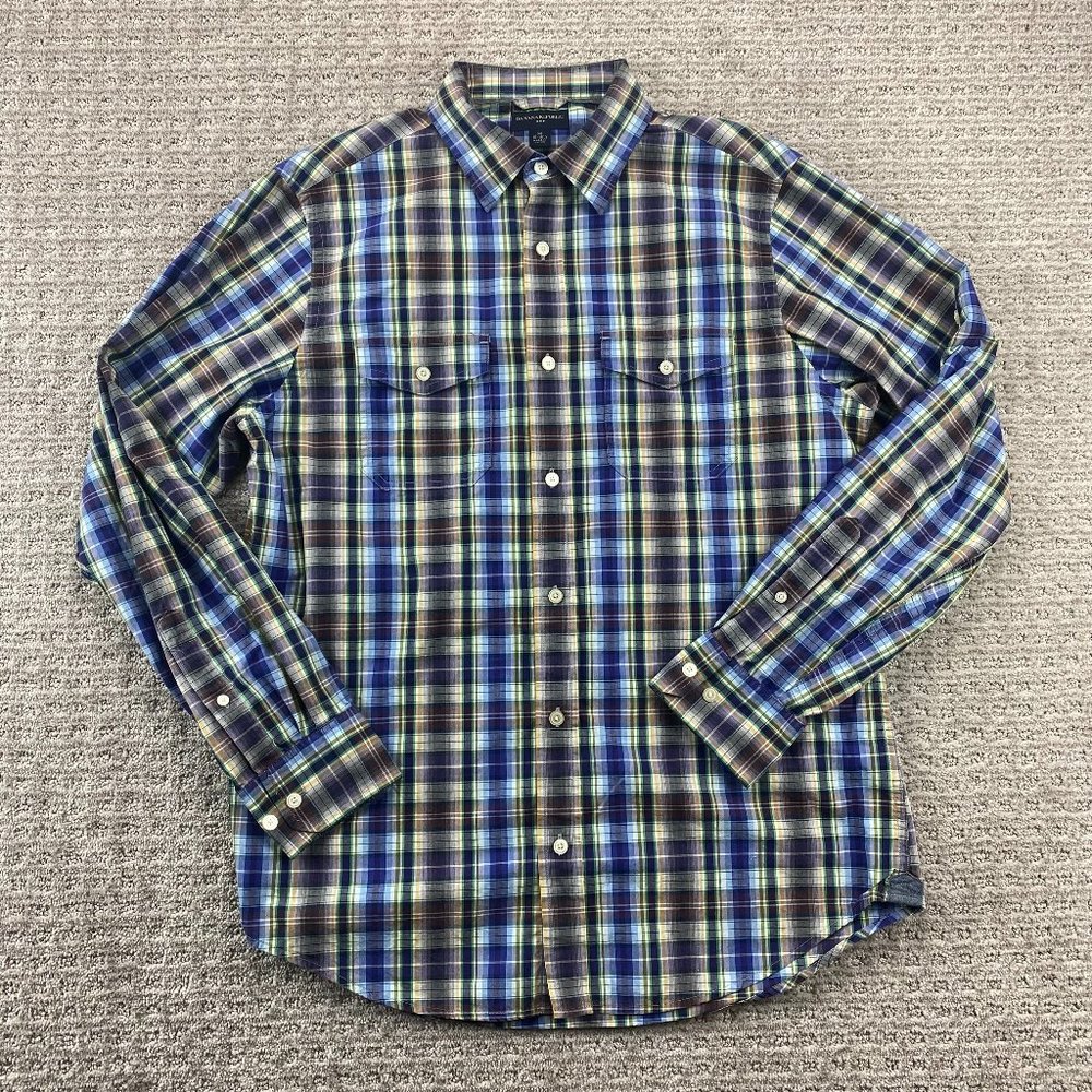 Banana Republic Shirt Men Medium M Purple Blue Green Plaid Button Up Long Sleeve